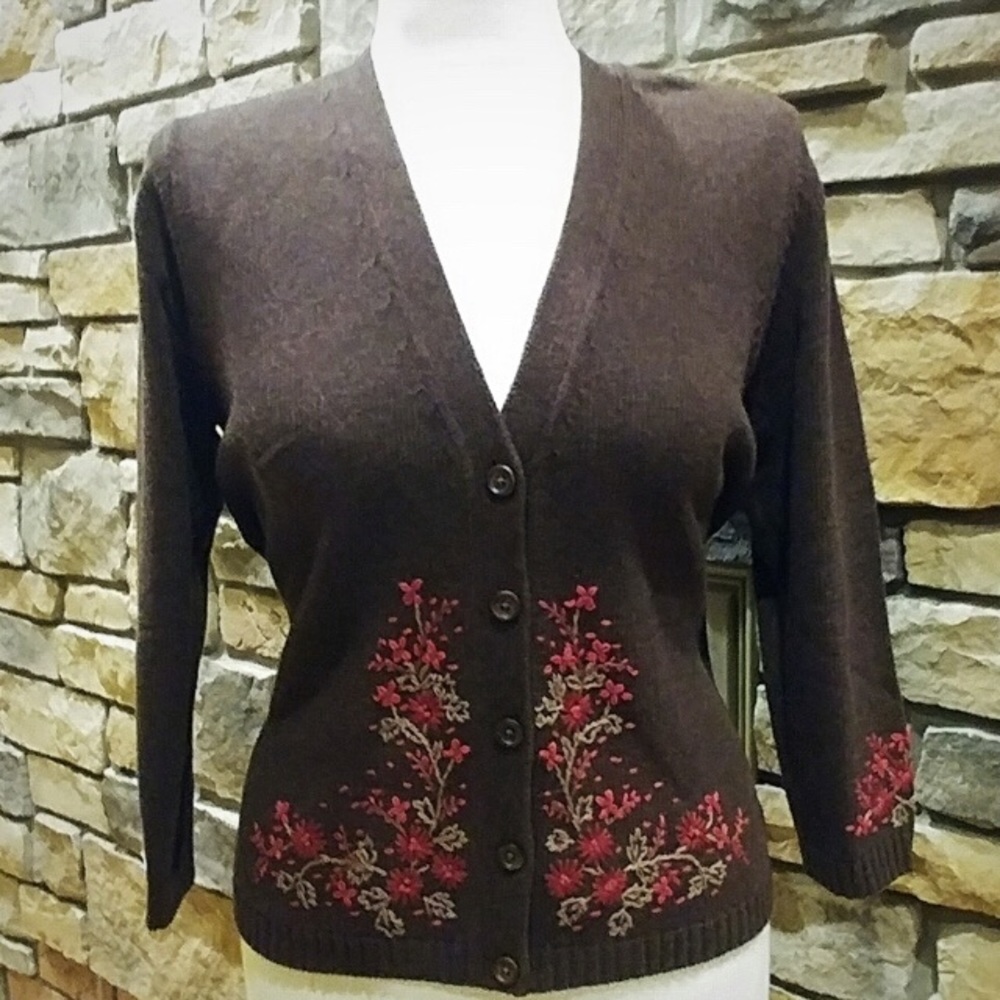 Eddie Bauer Brown & Red Floral Cardigan